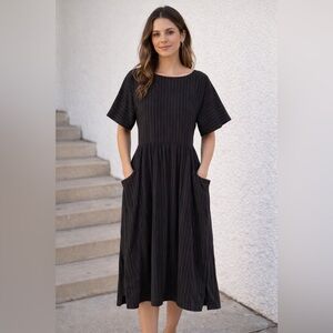 Standard James Perse | Cotton Black Striped Midi Dress Pockets Minimalist